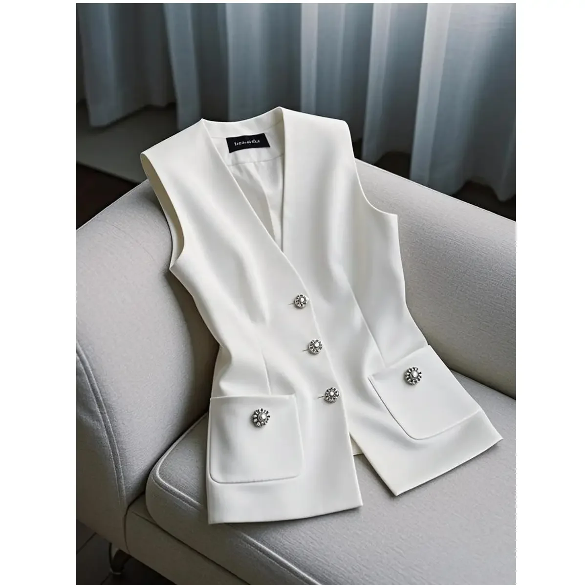 Pop ภาษาฝรั่งเศสคํา Elegant แฟชั่นสีขาวชุดเสื้อกั๊กผู้หญิงฤดูร้อนเอวสูงหรูหรา Slim แขนกุด All-Match Coat Office Lady ผ้า