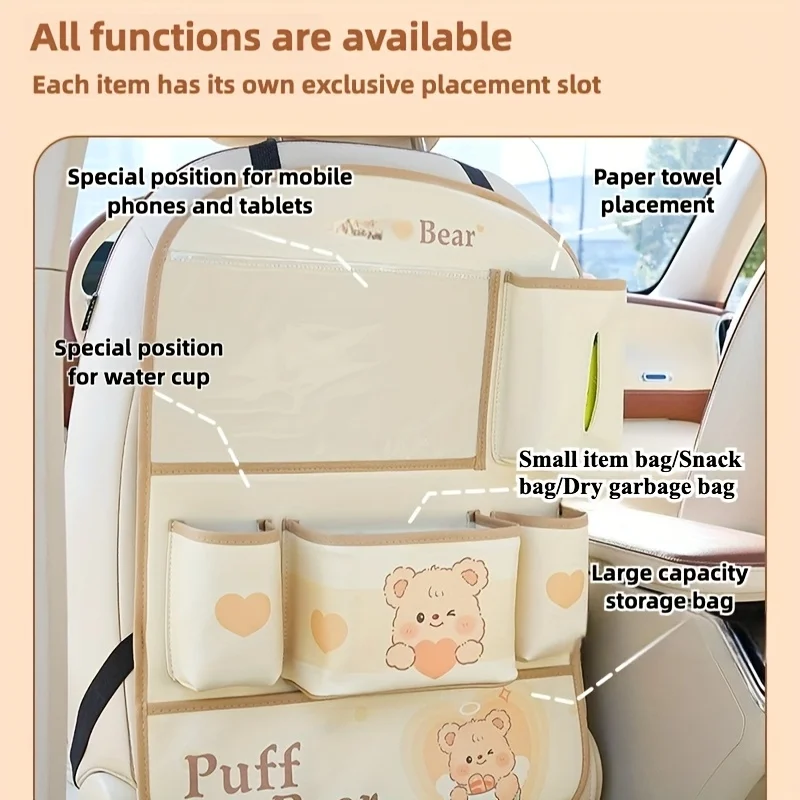 Car Seat Back Storage Bag Urable Faux Leather Cute Puff Bear Multifunctional Storage Box Travel Essentials Home Organizer
