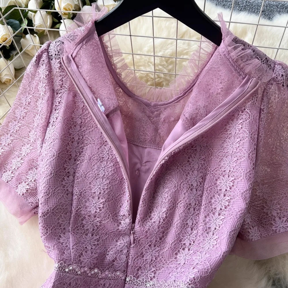 فستان نسائي فرنسي مزين بالدانتيل بأكمام قصيرة ، فساتين حلوة مطرزة ، خصر صيفي #6