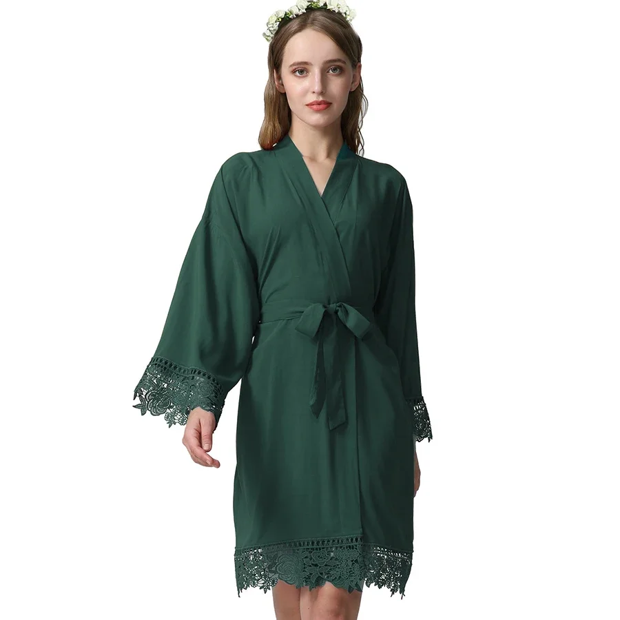 Dark Green Cotton Kimono Bride Bridesmaid Robes Lace Trim Women Wedding Bridal Robe Bathrobe Sleepwear White