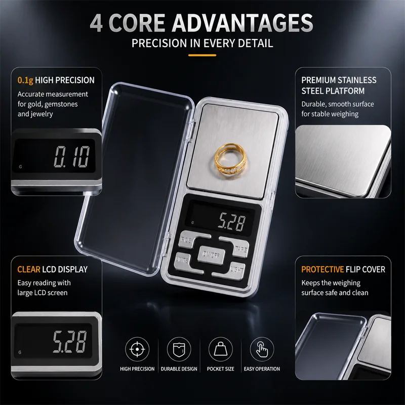 PHYHOO 500g 0.1g Precision Pocket Jewelry Scale Portable Digital Gram Gold Gem Herb Scales with Batteries Backlight Multi Units