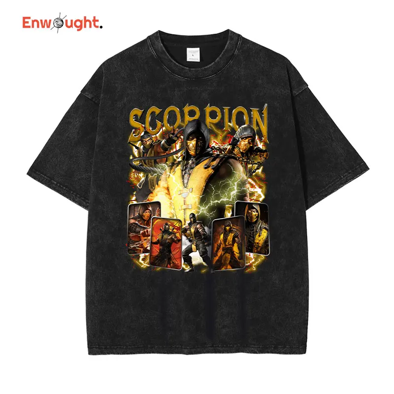 Mortal Kombat T Shirt Pc Fighting Games Scorpion Sub zero Vintage Washed Tops Tees Hip Hop Short Sleeve Oversized T-shirt Cotton