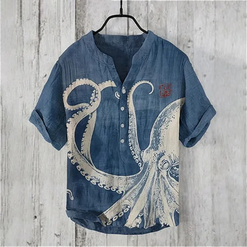 New Summer Men's Short Sleeve Polo Shirt Linen Print Shirt Trendy Elements Original Plus Size Clothing