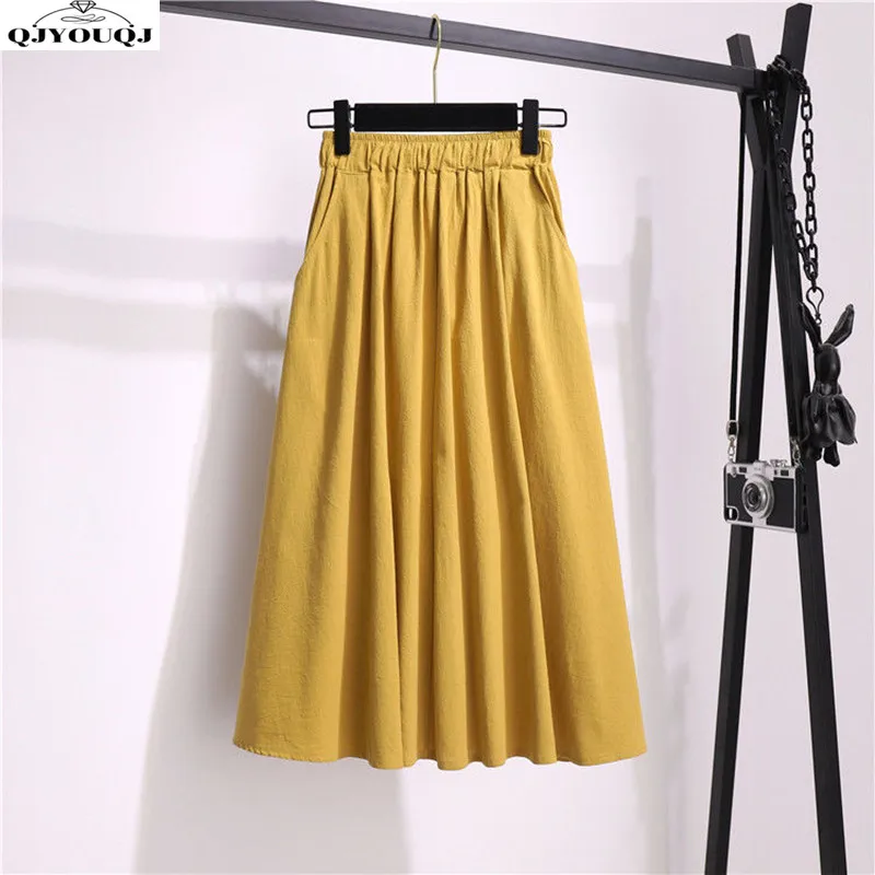 

Spring/Summer Mid length Solid Color Cotton and Hemp Half Skirt Elastic Waist Large A-line Half Skirt for Women