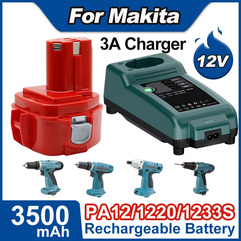 Batteria 12V 3500mAh per Makita PA12 Ni-Mh Batteria per Makita PA12 PA1220 PA1222 PA1233S Batteria ricaricabile con caricabatterie