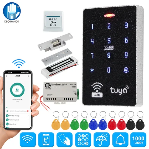 Imagen 1 del producto Kit de sistema de Control de acceso de puerta Wifi Tuya, controlador de teclado RFID resistente al agua, desbloqueo remoto por aplicación, cerraduras magnéticas eléctricas