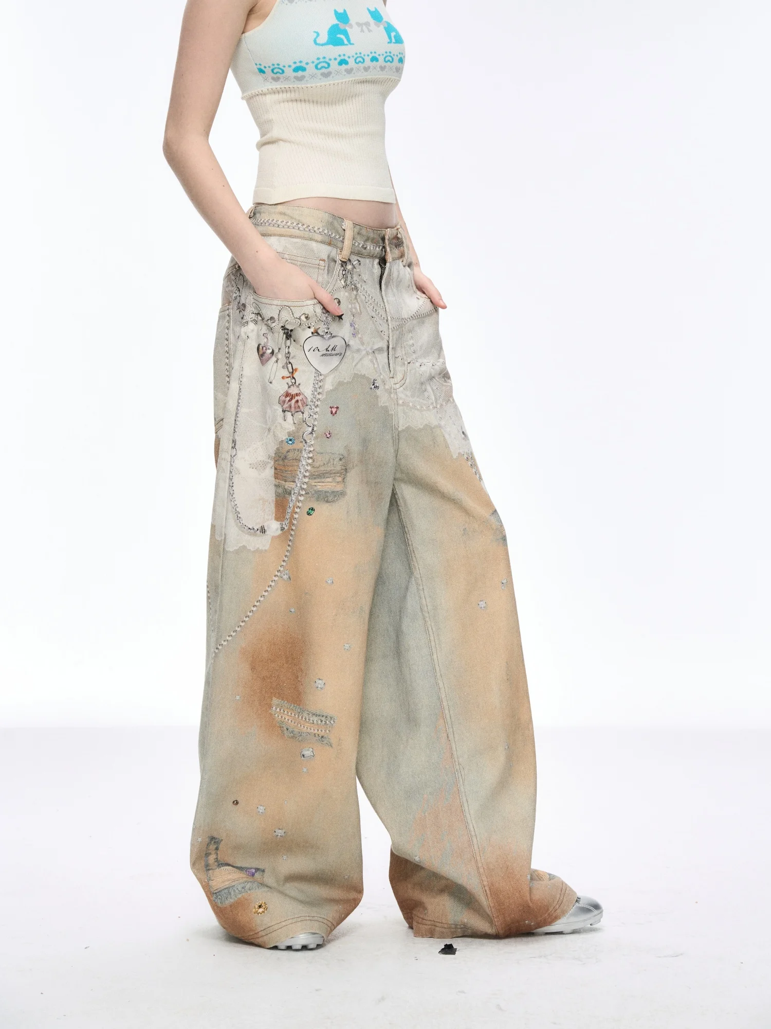 Original Design Hand Painting Denim Pants Women Light Blue Novelty Lace Chains Patch Printing Wide Leg Punk Rock Jeans Trousers
