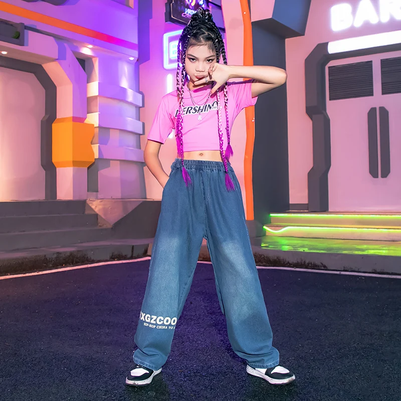 Kids Stage Street Outfits Hip Hop Clothing Pink Crop Tank Tshirt Tops Denim Pants For Girl Teenage  Jazz Dance Costumes Clothes