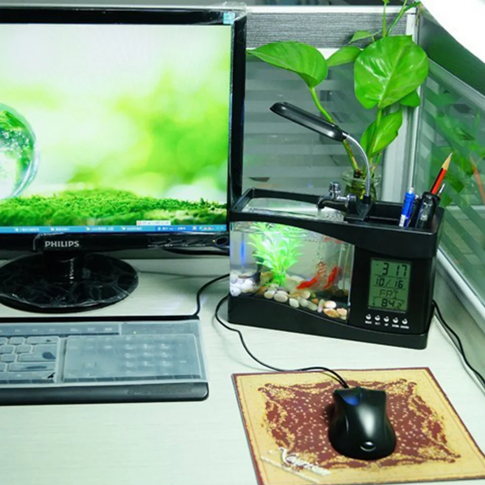 USB LED Aquarium with Clock & Pebbles - Decorative Desktop Fish Tank MJ070306, Small Display Tank for Home & Office