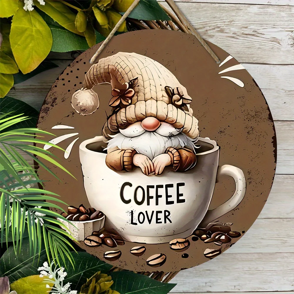 2D Flat, Adorable Gnome Coffee Cup Round Wooden Sign - 2D Flat Relief Coffee Lover Artwork, Handcrafted Wood Wall Decor for Cafe