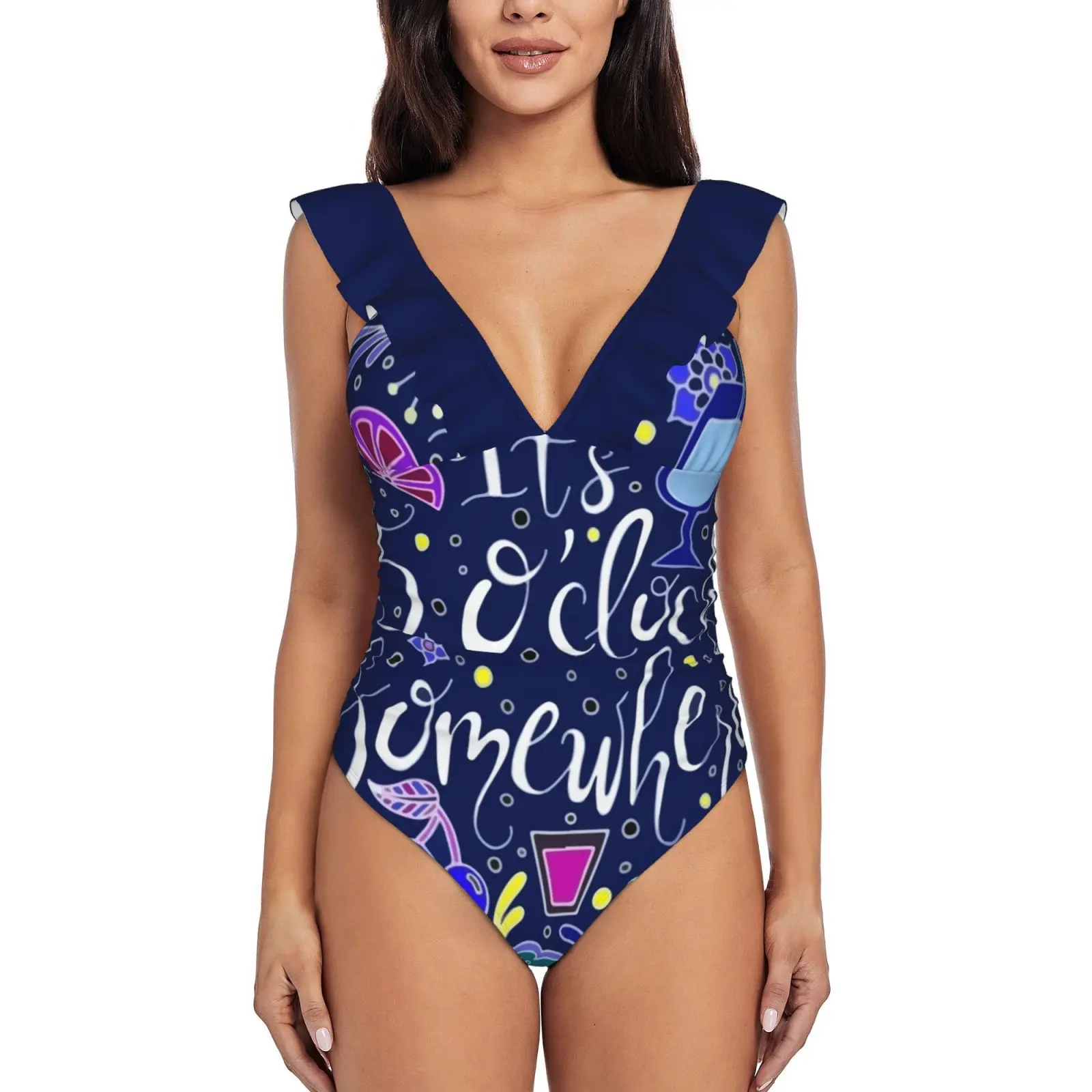 

It'S 5 O'Clock Somewhere | | Dark Palette | | Happy Hour Ruffle One Piece Swimsuit Women Swimwear Push Up Monokini Sexy Print