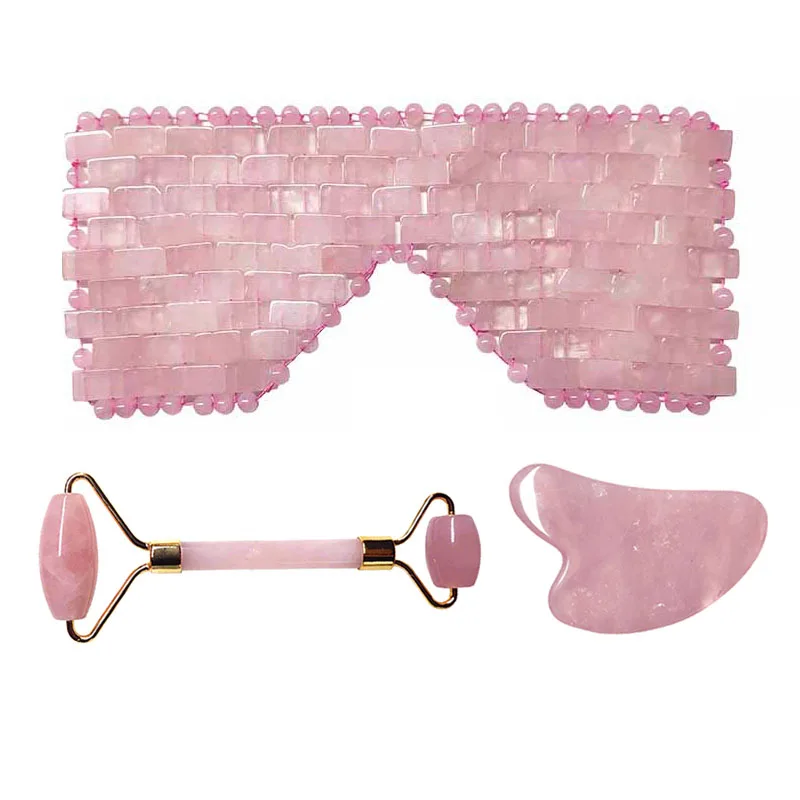 New Rose Quartz Jade Eye Mask Massager Jade Roller Guasha Board Set Natural Stone Scraper Face Lift Roller Facial Massage Tools