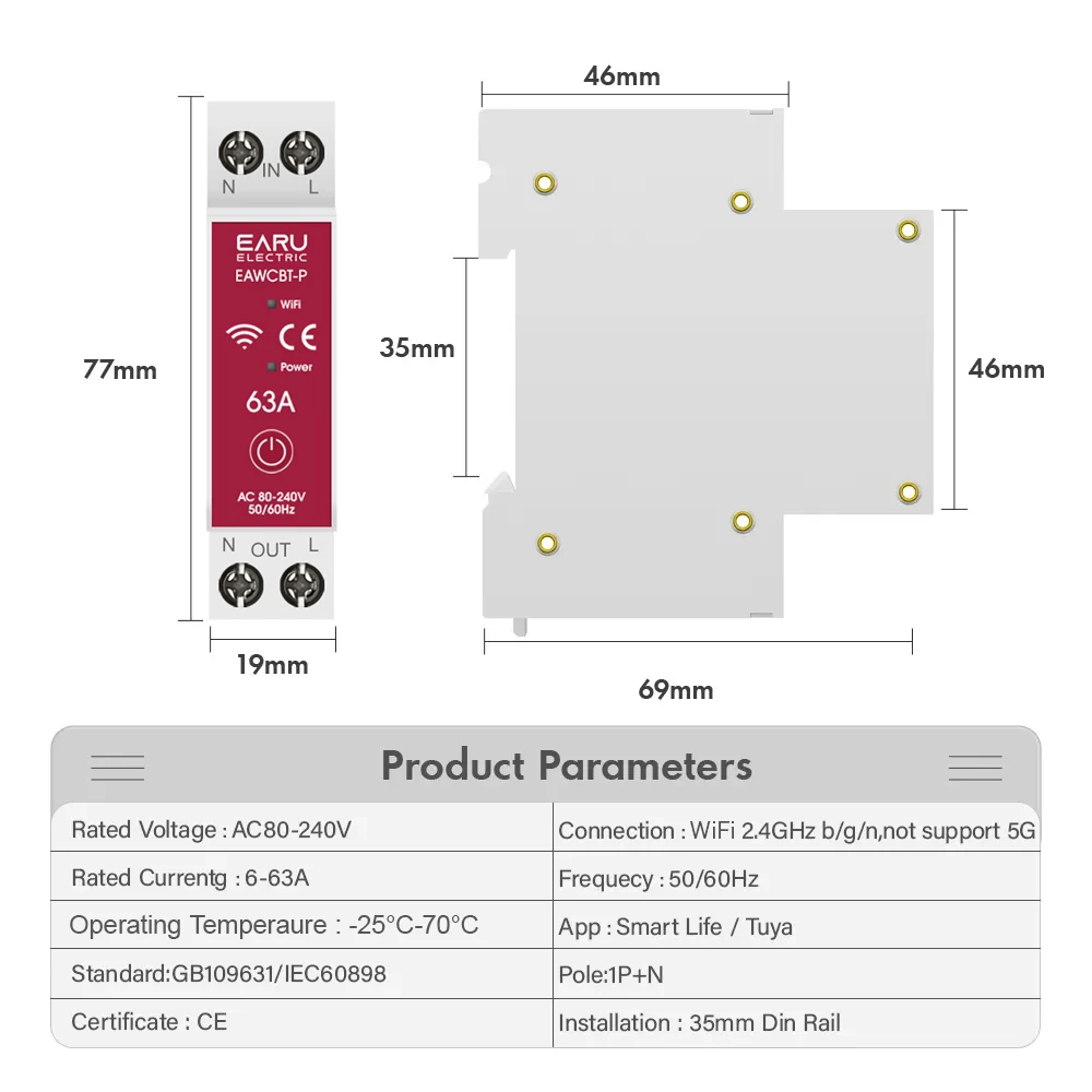 Tuya WiFi Smart Circuit Breaker EAWCBT-P MCB Timer 1P+N 63A Power Energy  Voltage Current  Protector Voice Remote Control Switch