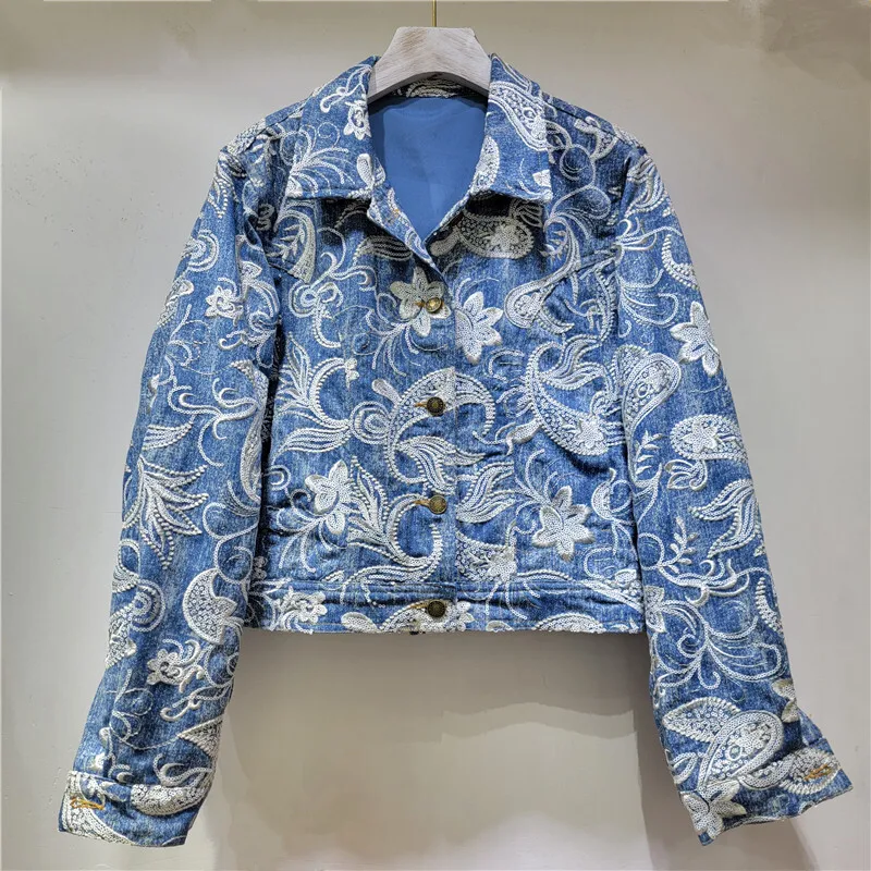 DEAT Women's Denim Coat White Embroidery Single Breasted Blue Jacquard Female Patchwork Jackets 2025 New Fashion Spring 29L8840