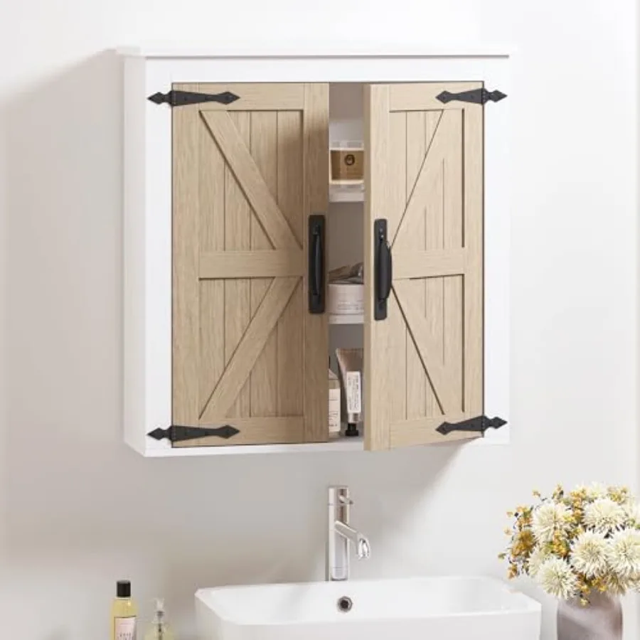 

Bathroom Wall Cabinet Over Toilet Farmhouse Wall Mounted Medicine Cabinet Organizer with Wood Grain Barn Doors and Adjustable S