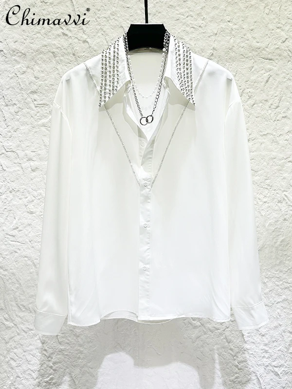 Personalized Heavy Rhinestone Studded Collar Long Sleeve Shirt Spring Autumn New Fashion Light Luxury Handsome Men Casual Shirt