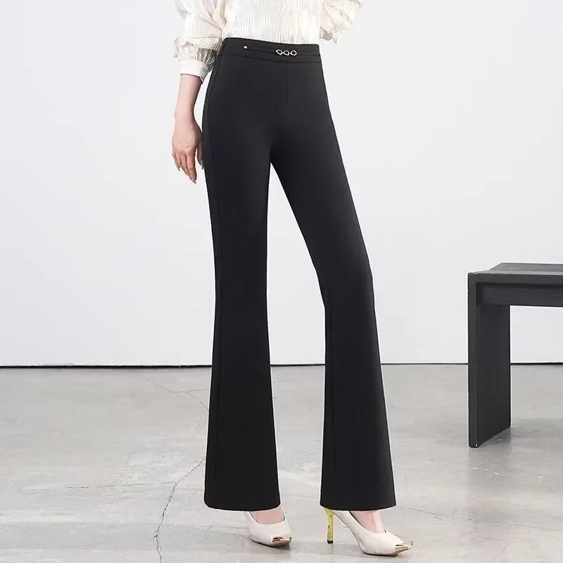 

Женские новые стильные эластичные брюки с высокой талией и карманами, модные однотонные универсальные повседневные расклешенные брюки