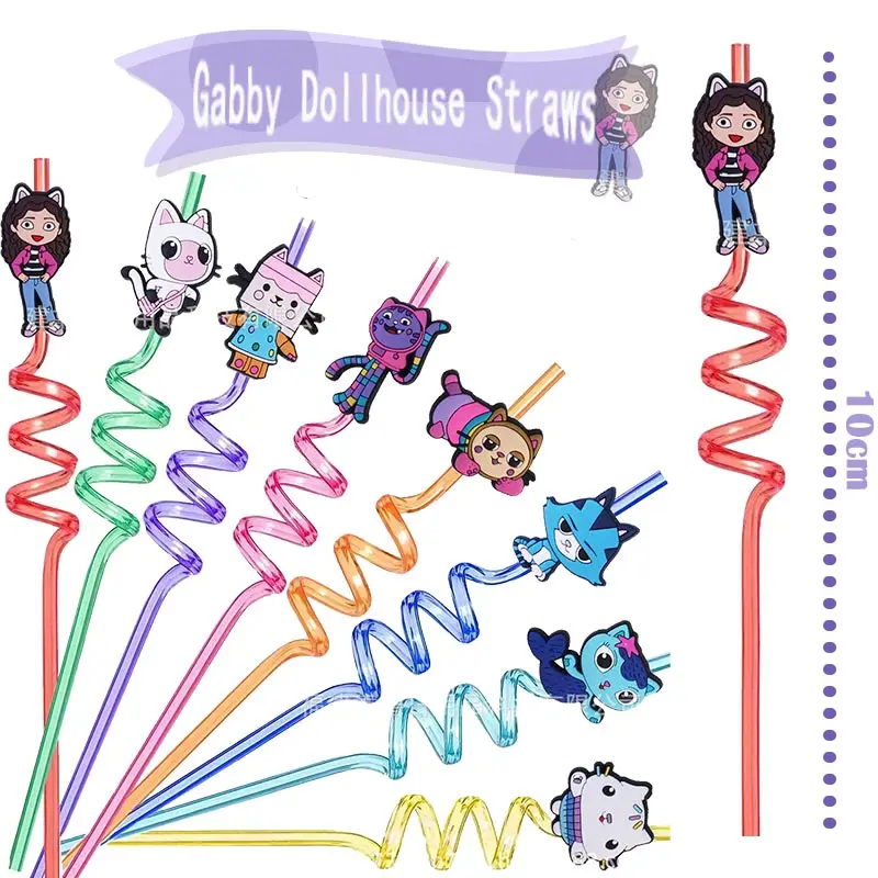 8Pcs Gabby Dollhouse Straws For Children Gabby Cat Theme Reusable Straws Birthday Party Supplies Baby Shower Holiday Gifts Toys