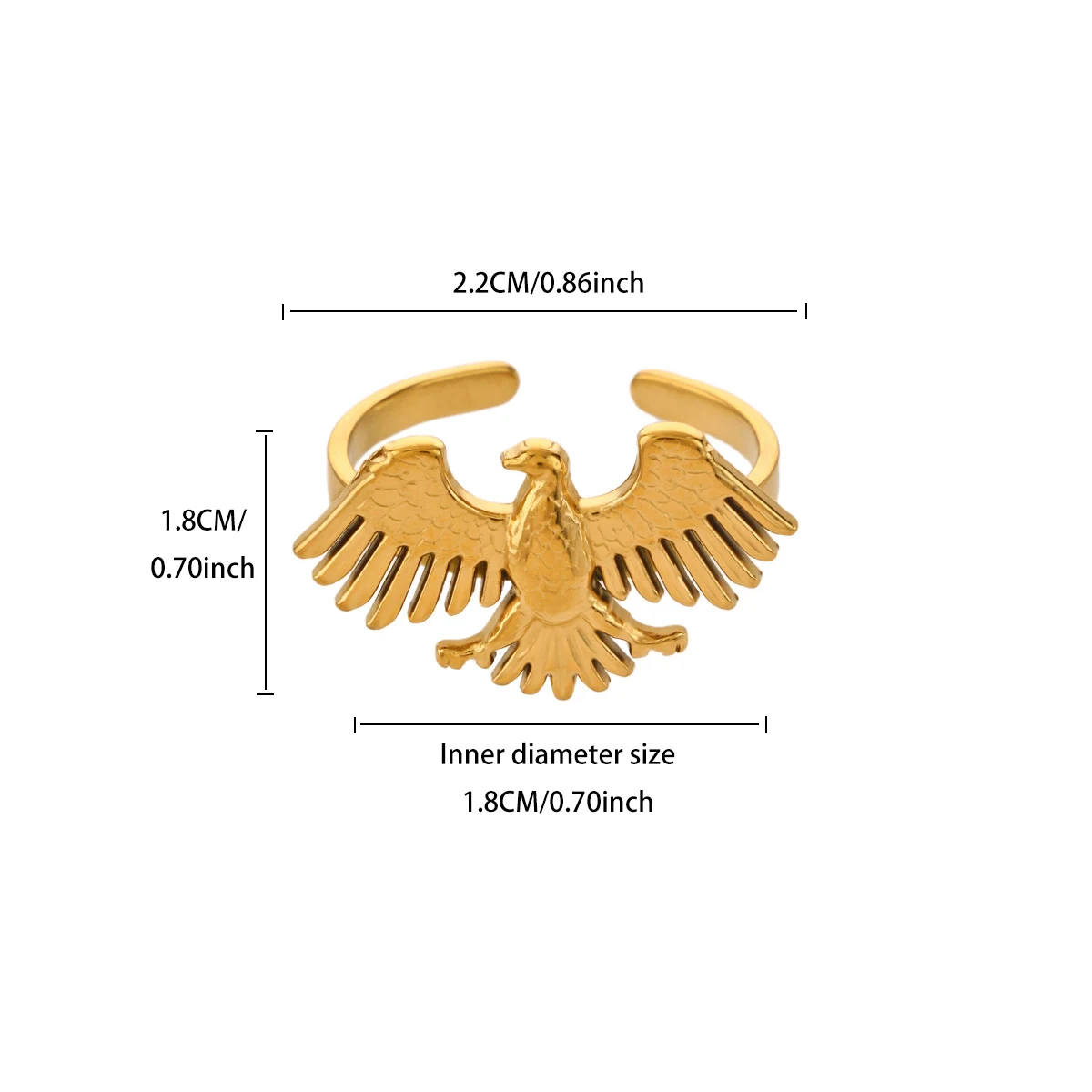 Goldfarbener Adler-Offener Ring aus Edelstahl, Fliegender Vogel, Falken, Verstellbarer Statement-Fingerring für Damen und Herren, Trendiger Tierschmuck – Detail 3