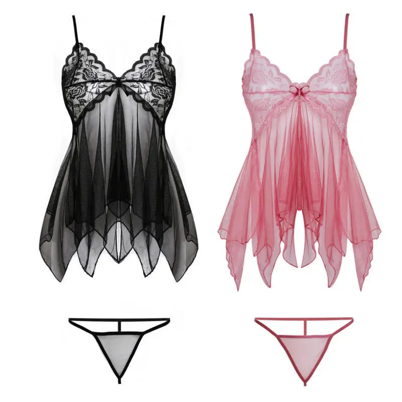 

Thin Style G-string Contrast Lace Ruffle Trim Lingerie Set Deep V Slip Dress Thong Women's Sexy Lingerie Lencería Mujeres
