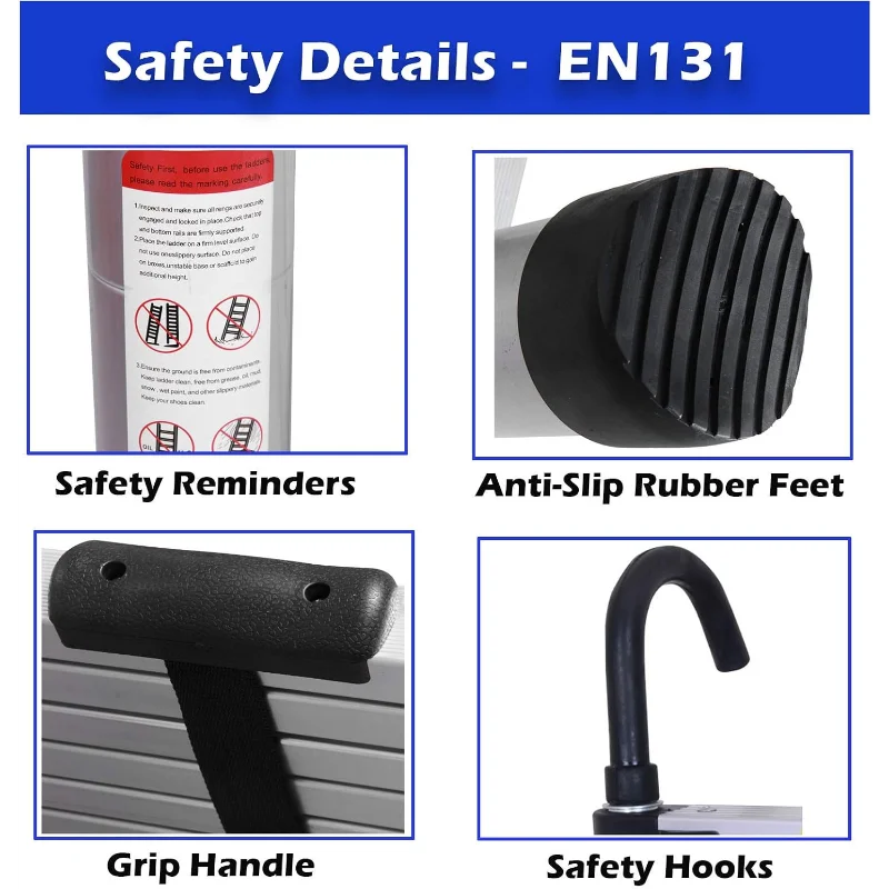 Telescoping Ladder 20ft 6.2M Aluminum DIY Extension Folding Loft Ladder with 2 Detachable Hooks Anti-Slip Rubber Feet Portable