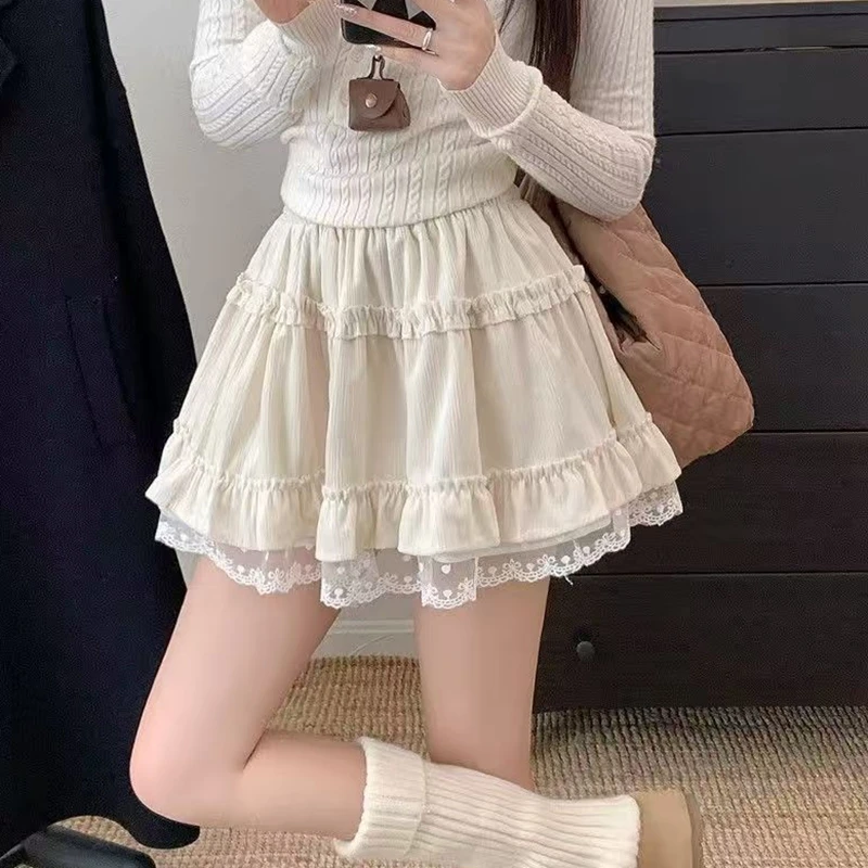 Lace Patchwork Sweet Ball Gown Mini Skirts Casual High Waist Korean Fashion Y2k Clothes Spring Summer Kawaii Skirt for Women