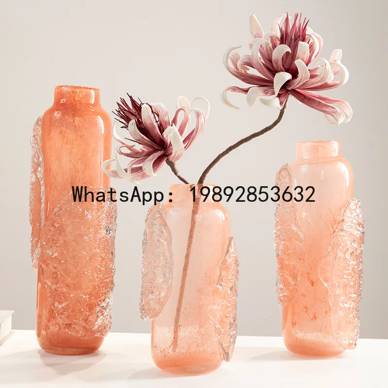 Pink Glass Vase Abstract Irregular Relief of Transparent Ice Cubes Flower Vase Terrarium Flowerpot Home Decoration Accessories