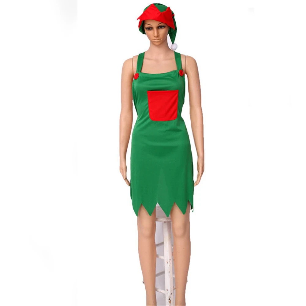 Green Red Christmas Apron Hat Suit For Kitchen Cooking Role Play Prop Xmas Elf Santa Claus Cosplay Chef Costume Accessories Gift