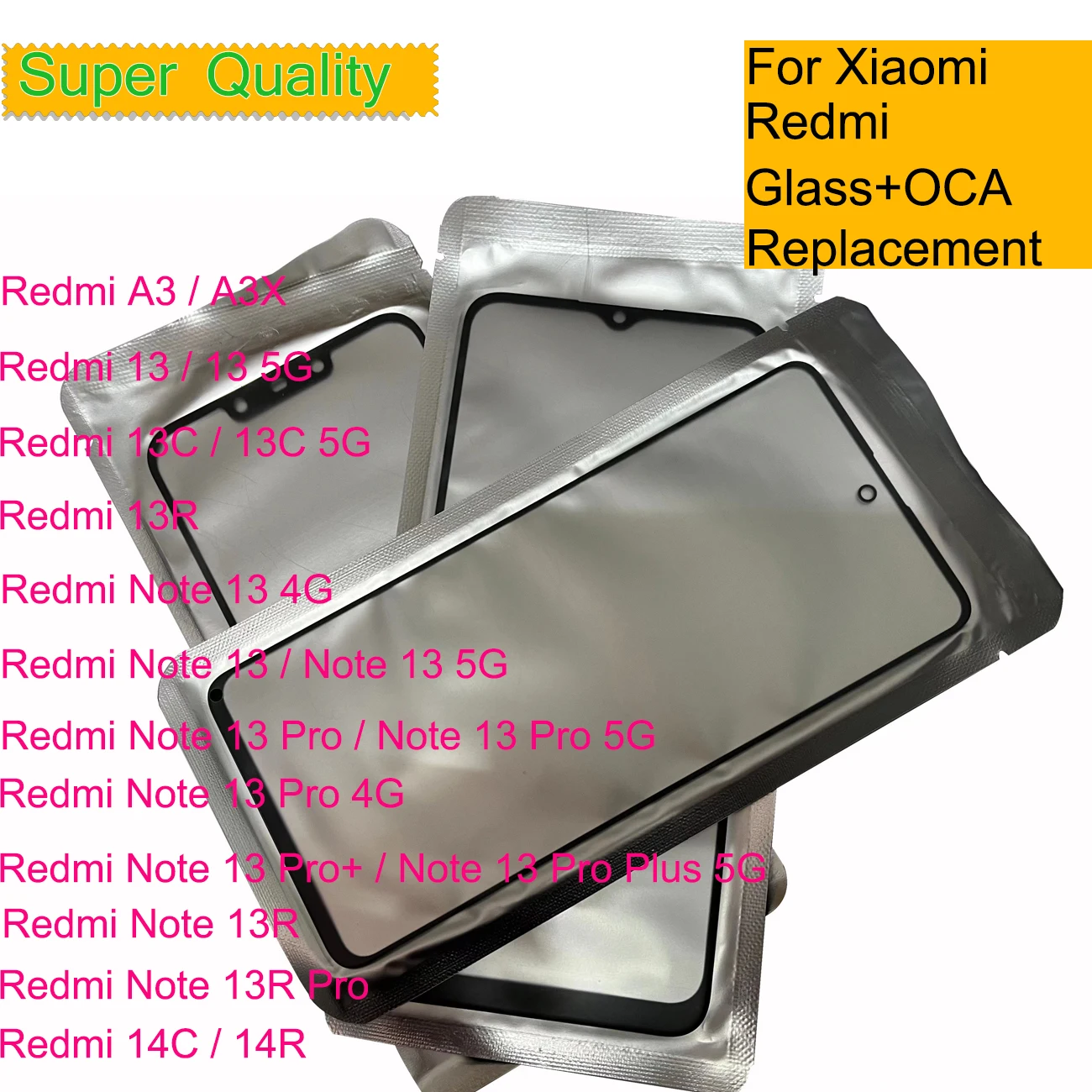 10Pcs/Lot For Xiaomi Redmi Note 13 Pro Plus 4G 13 13R 13C 5G 14C 14R Touch Screen Panel Front Outer Lens LCD Glass With OCA