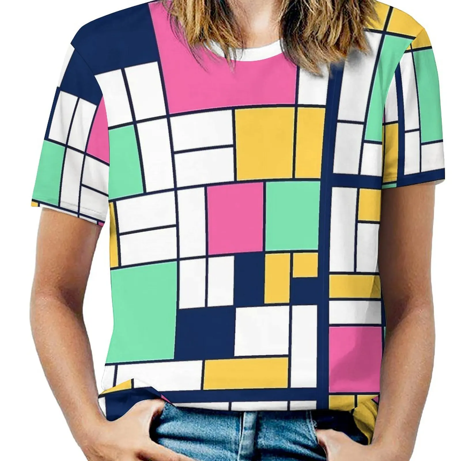 Easter Mondrian  Print T Shirt O Neck  Big Size T-Shirts Short-Sleeve Street Fashion Tshirt Ladies Summer Modern Custom Clothes