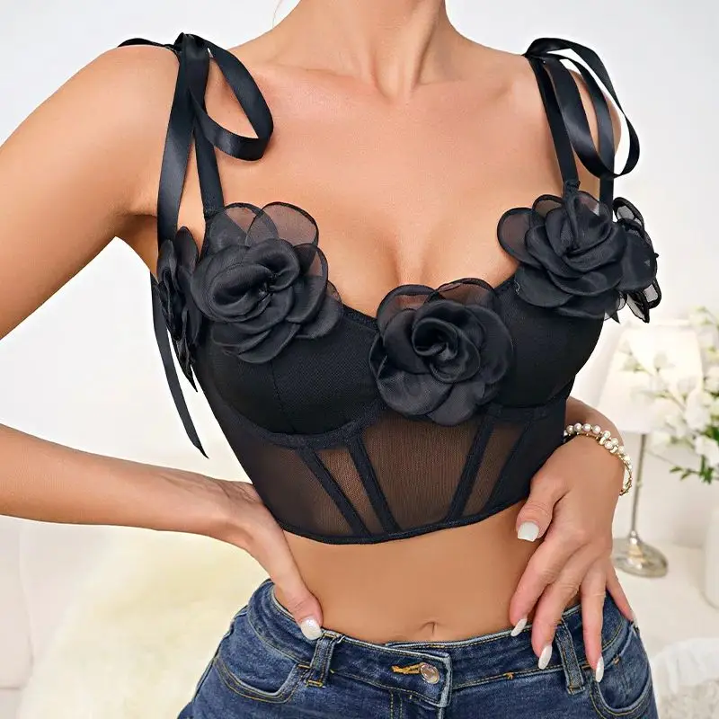 

See Through Corset Crop Top Women Flower Camisole Sleeveless Lace-up Strap Tank Tops Slim Fitted Sexy Lingerie Short Vest Street