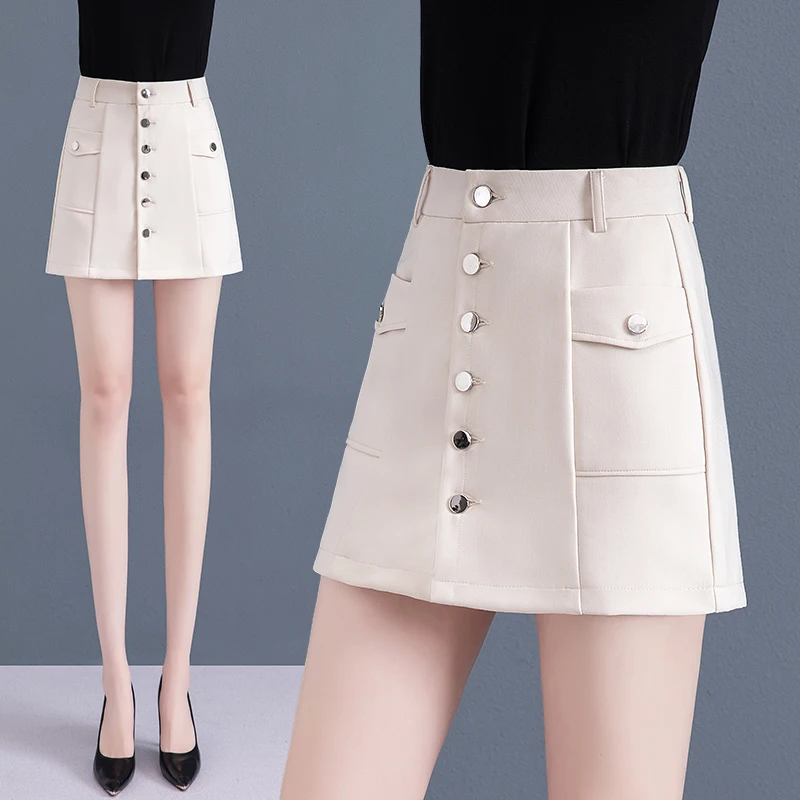 Khaki Short Pants Women's High Waist Straight Leg Loose A-Line Skirt Pants Casual Outerwear Summer New Style Commute Pure Color