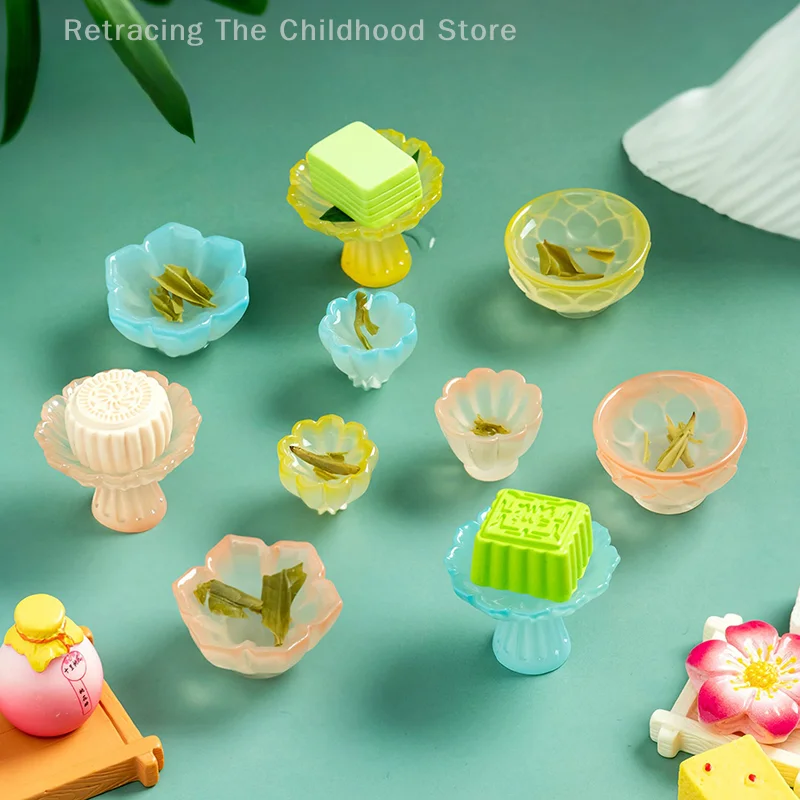 4 stks/set Poppenhuis Miniatuur Fruitschaal Plaat Hoge Lade Taart Plaat Thee Kom Model Keuken Accessoires Voor Poppenhuis Decor Speelgoed