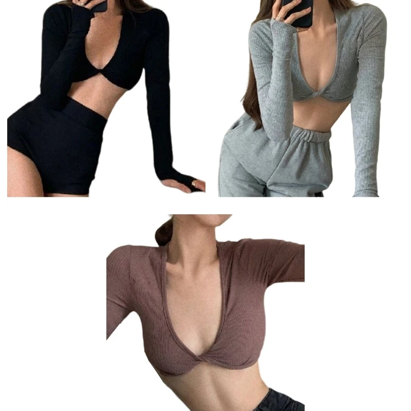 Sexy Deep V-Neck T-shirt Women Twist Front Crop Top Casual Solid Color Long Sleeve Basic Bodycon Shirts for Daily Fitness