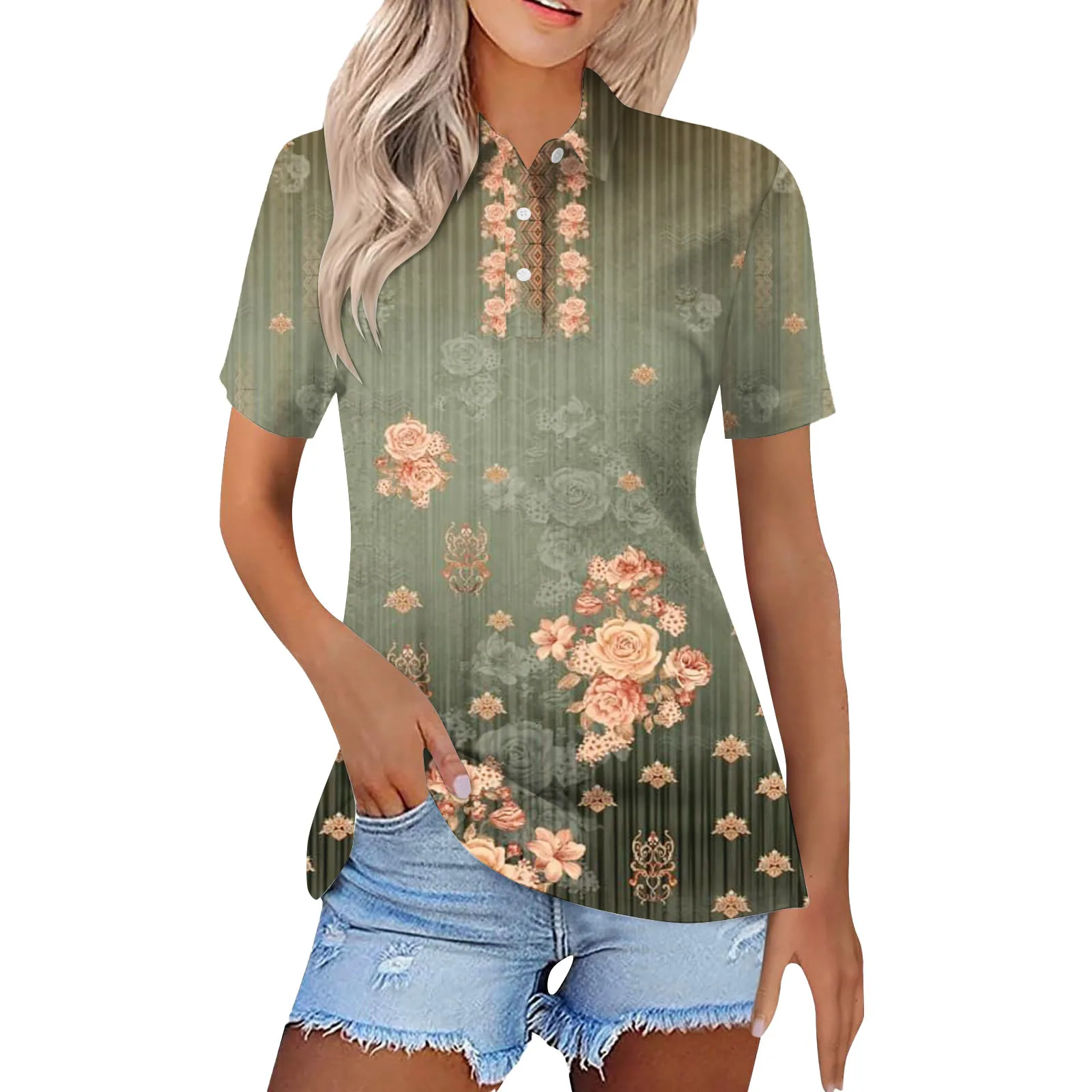 Camisa polo casual estampada em 3D feminina, blusa de manga curta, botão solto e emagrecedor, estilo étnico retrô, MB13