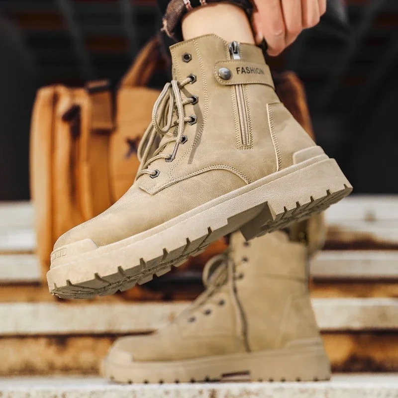

Новое поступление, мужские однотонные кожаные ботинки с высоким берцем на шнуровке, рабочая одежда, стильная повседневная универсальная обувь для пеших прогулок в пустыне
