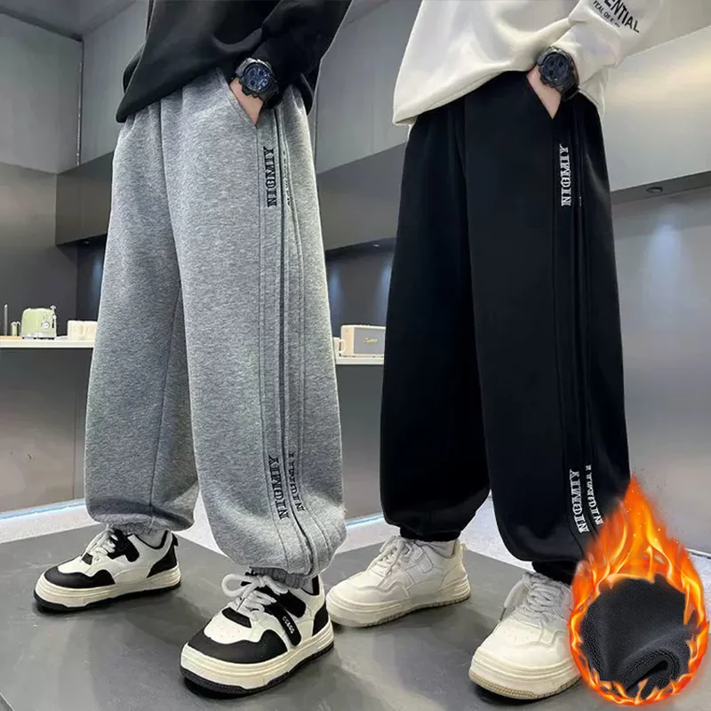 Boys Fleece Warm Jogger Pants 4-14 Years Autumn Winter Fashion Letter Embroidery Sweatpants Kids Casual Loose Trousers