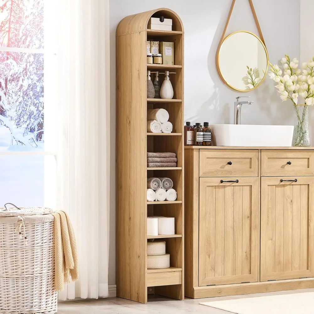 

67" tall arched bathroom storage cabinet, 8-tier modern farmhouse storage cabinet with adjustable shelves, wood freestanding cab