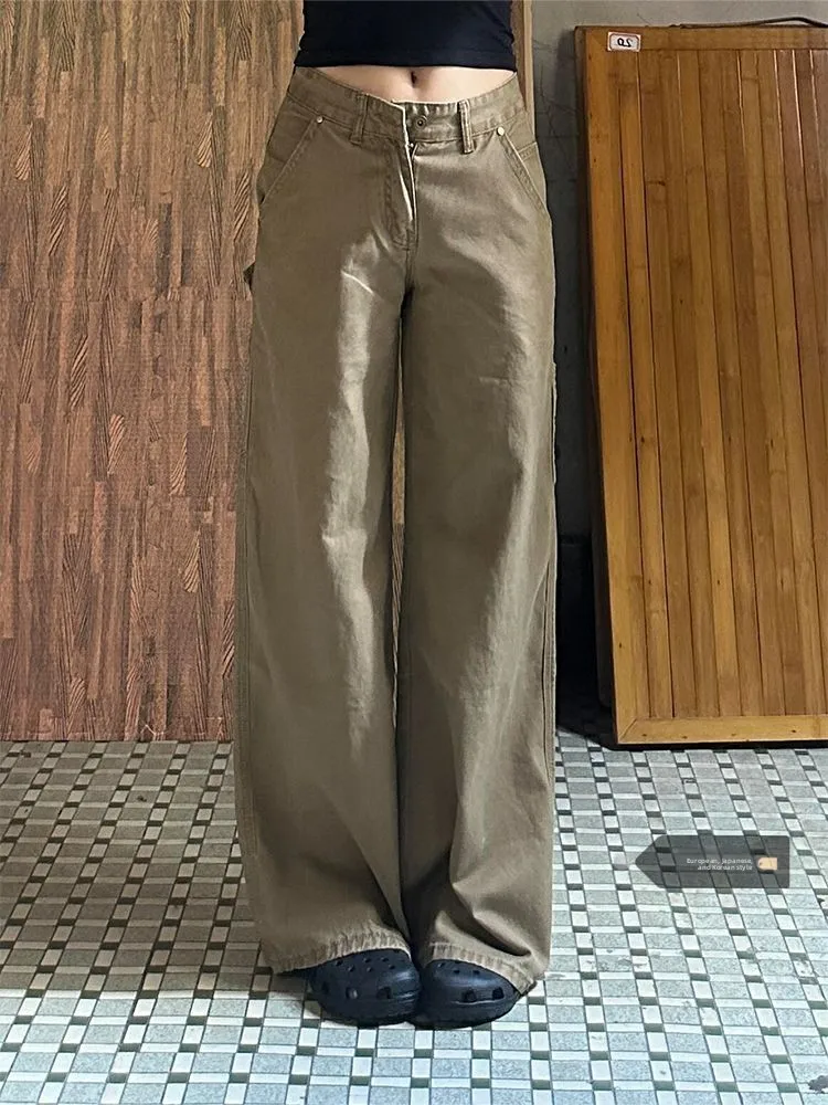

American Retro Khaki Wide Leg Denim Jeans Women's High Waist plus Size Slimming Straight Long Pants Summer New Style