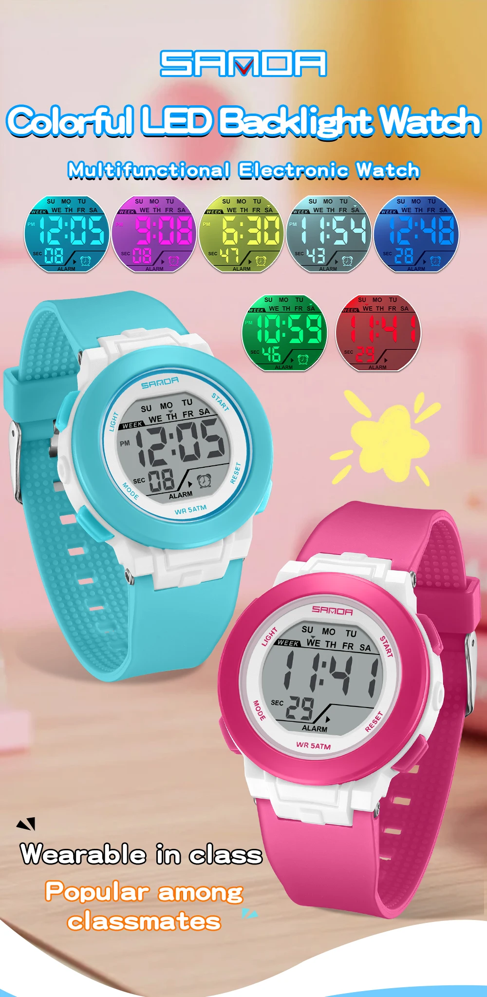 SANDA New 6383 Multifunctional Color Light Watch for High School Students' Sports, Men's and Women's Electronic Watches