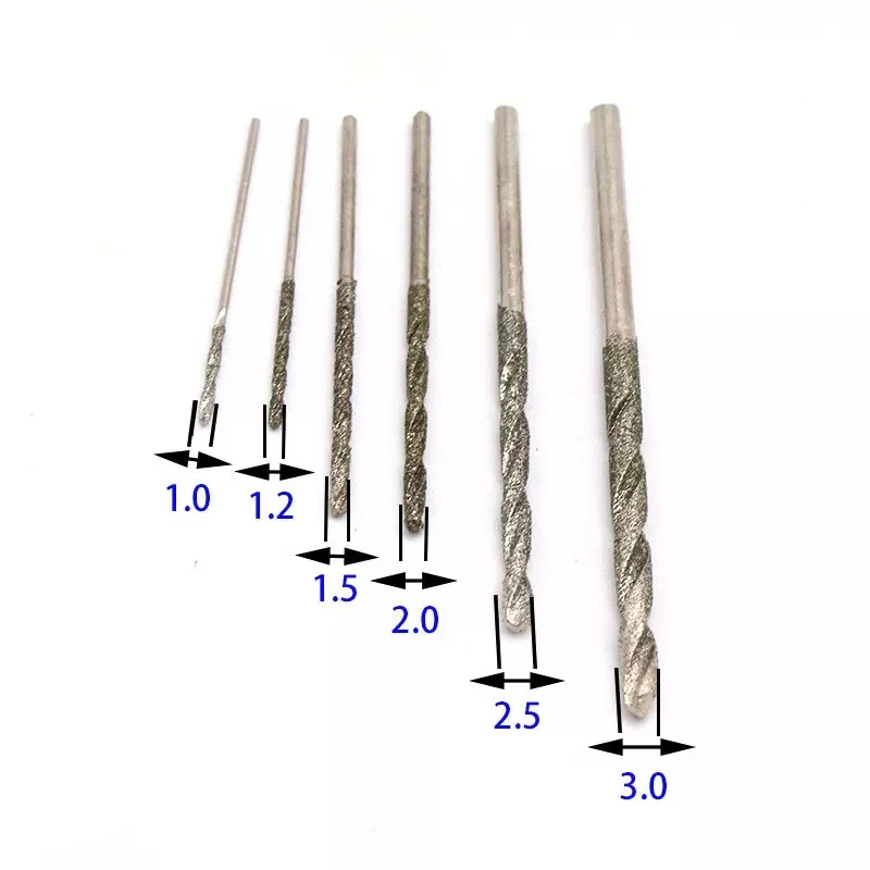 Brocas helicoidales recubiertas de diamante, vástago recto de Jade para joyería de vidrio, 0,8mm, 1mm, 1,2mm, 1,5mm, 1,8mm, 2mm, 2,5mm, 3mm