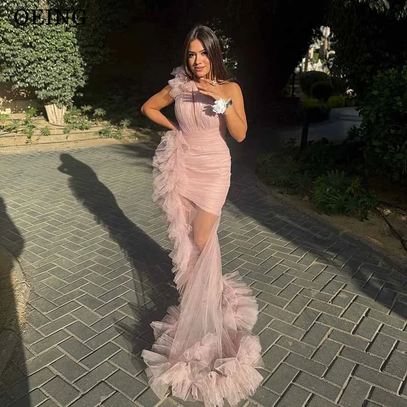 

OEING Classic Mermaid Tulle Prom Dress One Shoulder Sleeveless Pleats Party Gowns Floor-Length Evening Dress Customized