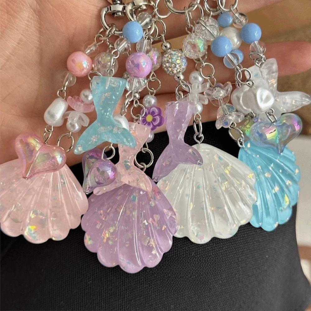 Beaded Shell Shell Phone Charm Glitter Sequins Shining Shell Shell Keychain Heart Shining Fishtail Sequin Mermaid Keychain