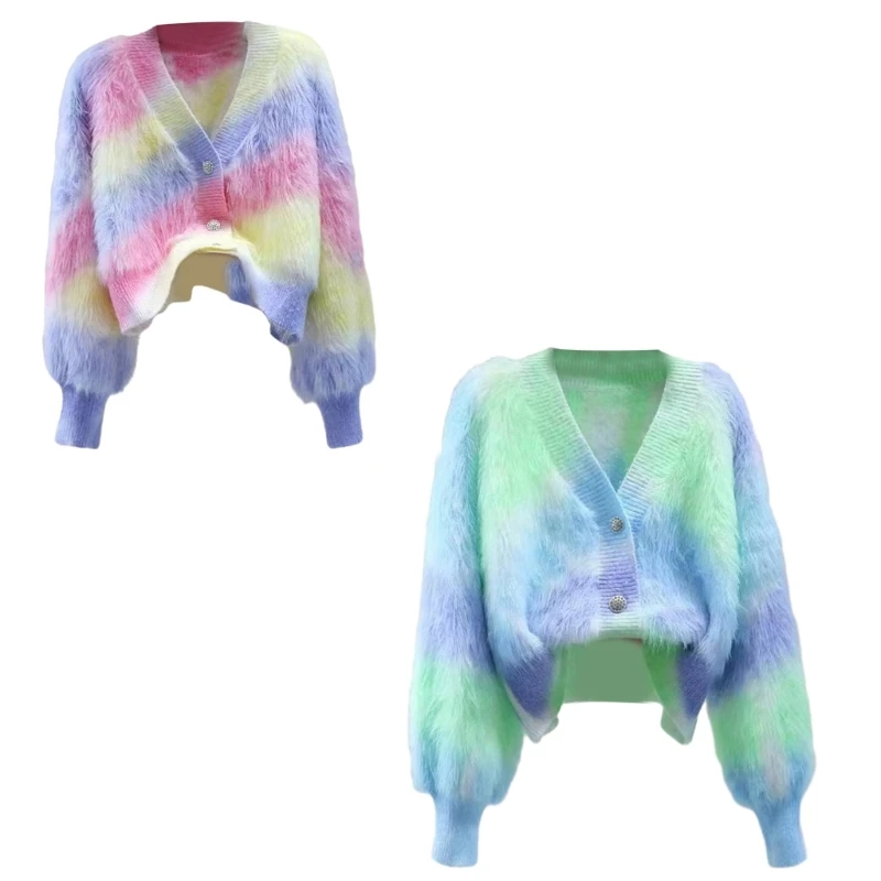 

Trendy Women's Cardigan Tie Dye Knitwear Long Sleeve Cable Sweater Loose Fit Outwear P8DB