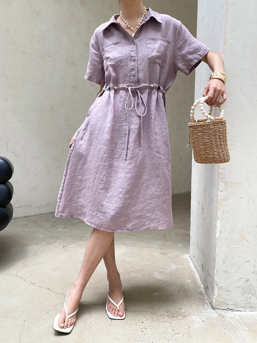 Sommerliches Damen-Freizeitkleid in Uni-Farbe mit Perlenbesatz, Kordelzug und tailliertem Schnitt – Detail 6