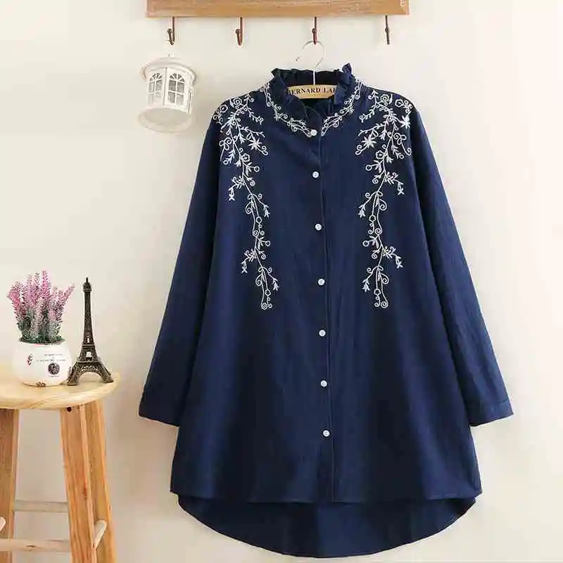 

New 2025 Vintage Cotton and Linen Embroidered Women's Blouse with Lace Stand-up Collar