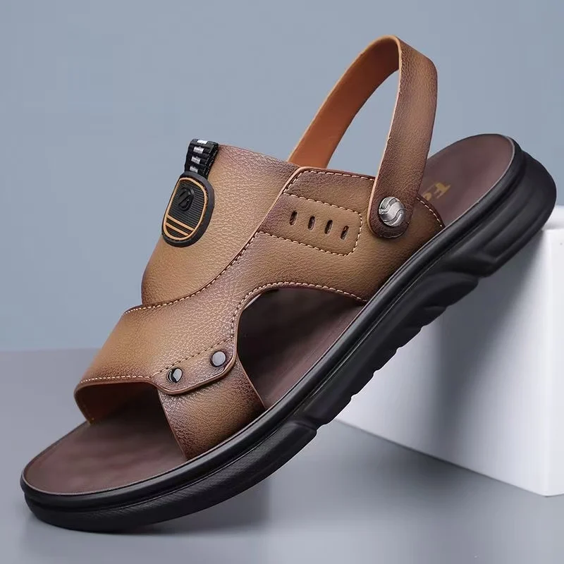 

Мужские кожаные сандалии-шлепанцы для пляжа и активного отдыха, летние, новые, с мягкой подошвой, нескользящие, легкие, для вождения