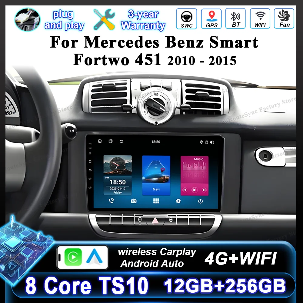 Android 16 Car Dvd For Mercedes Benz Smart Fortwo 451 2005 -2015 Auto Carplay Navigation GPS Radio Stereo Touch Screen Bluetooth