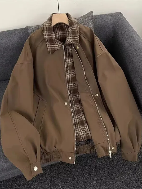 

Retro Fake Two-Piece Men's Flight Jaet American Casual Plaid Patchwork Baseball Outfit Polyester Nylon Cosite Fiber