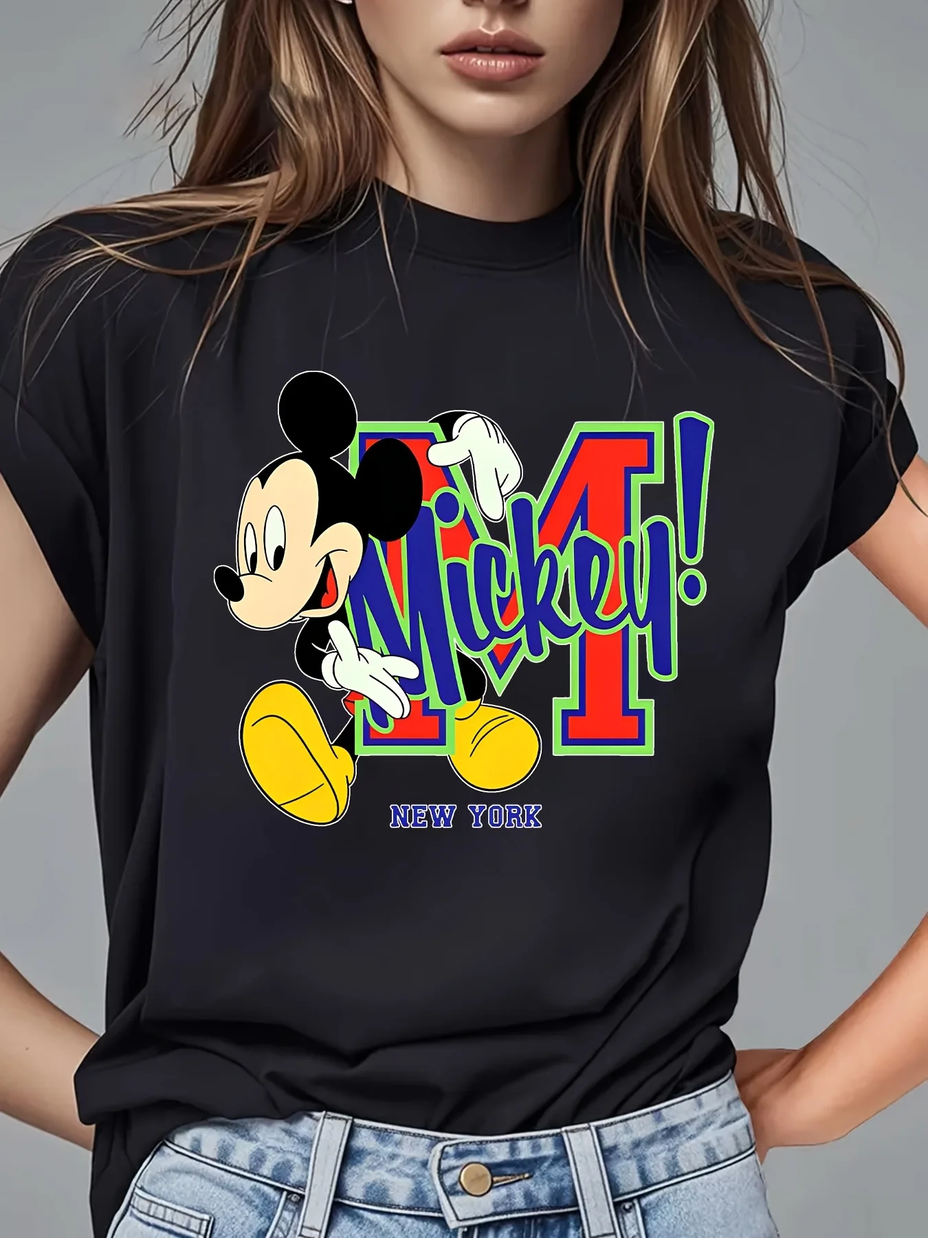 

Women'S Mickey & Minnie Mouse Graphic T-Shirt - Black Casual Short Sleeve Round Neck Summer Beach Outfit, Soft Breathable Fabric
